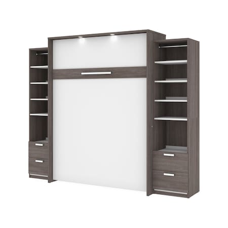 Bestar Cielo 105W Queen Murphy Bed and 2 Narrow Shelving Units with Drawers (104W), Bark Grey & White 80883-47